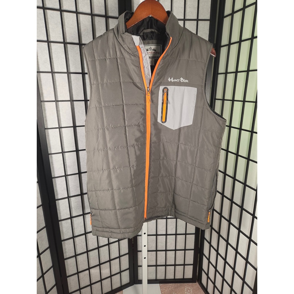 Legendary Whitetails Hunt Bum Mens Gray Quilted Puffer Vest Orange Zip Large